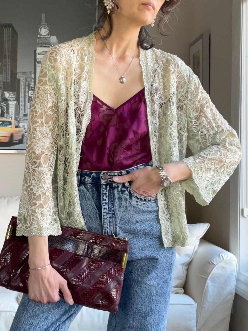 Vintage sage lace open front layering piece with placed sequins and beads